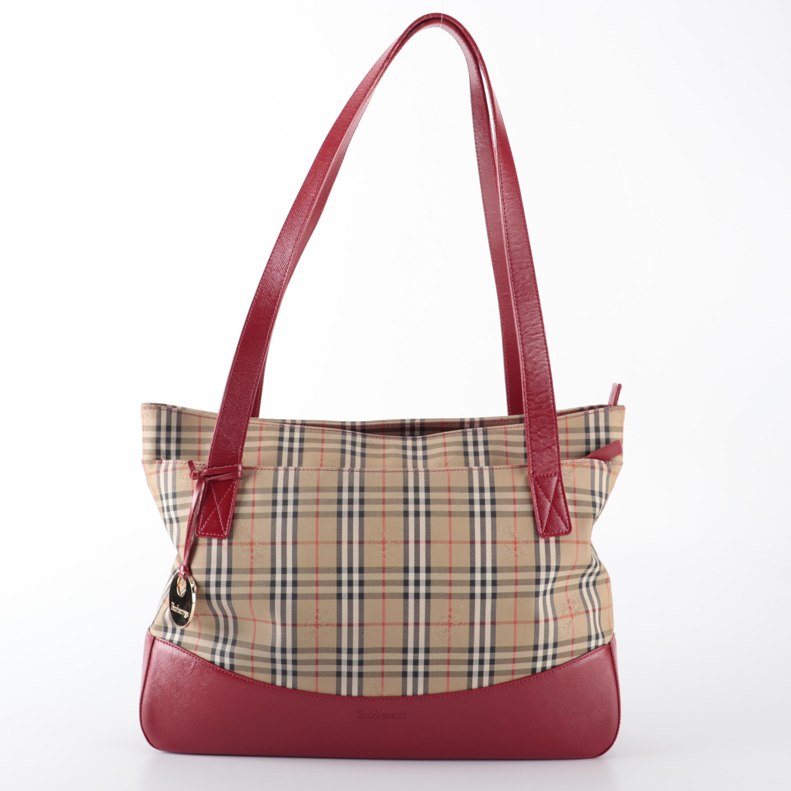 Burberrys Tote Bag in "Haymarket Check" Twill and Red Saffiano Leather
