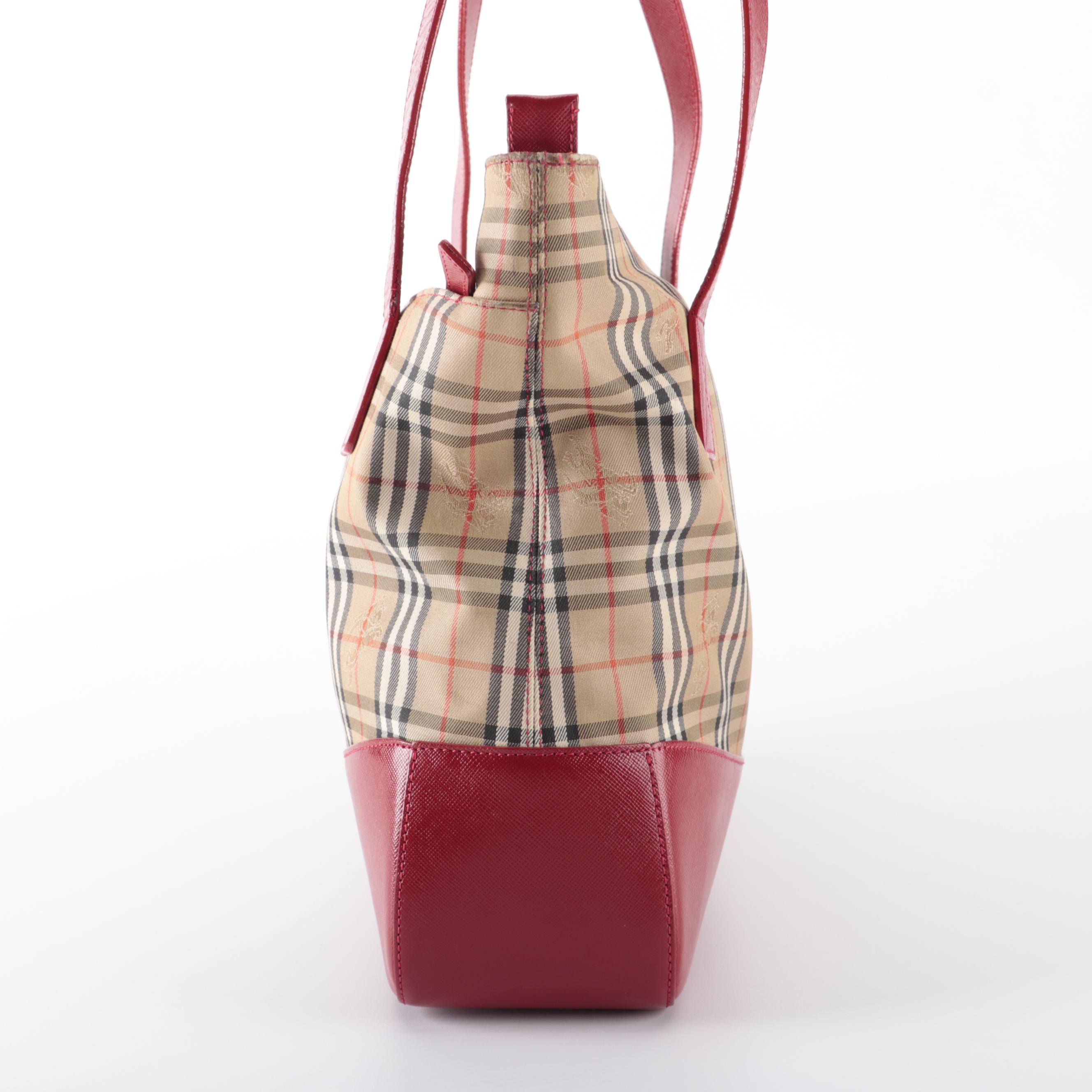 Burberrys Tote Bag in "Haymarket Check" Twill and Red Saffiano Leather