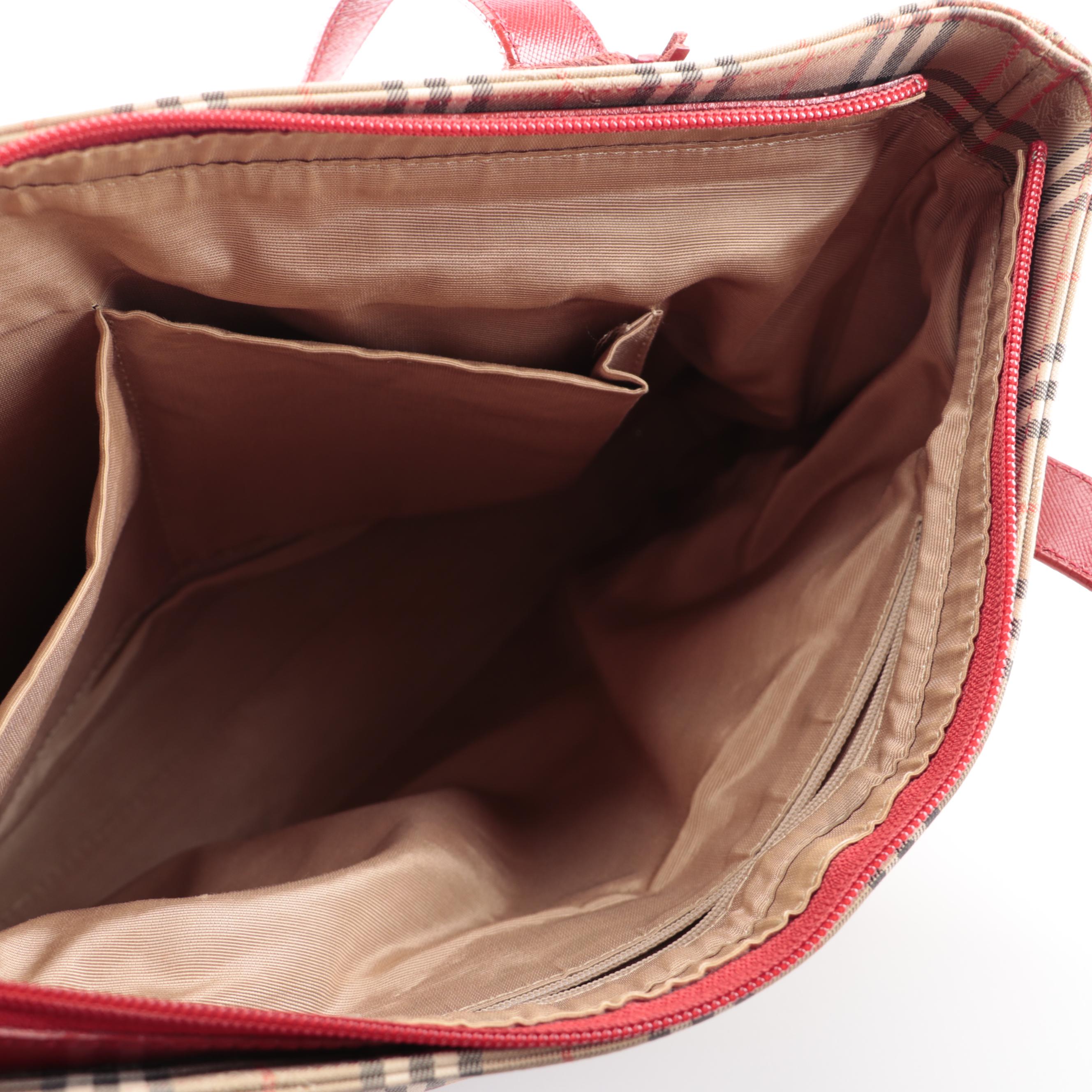 Burberrys Tote Bag in "Haymarket Check" Twill and Red Saffiano Leather