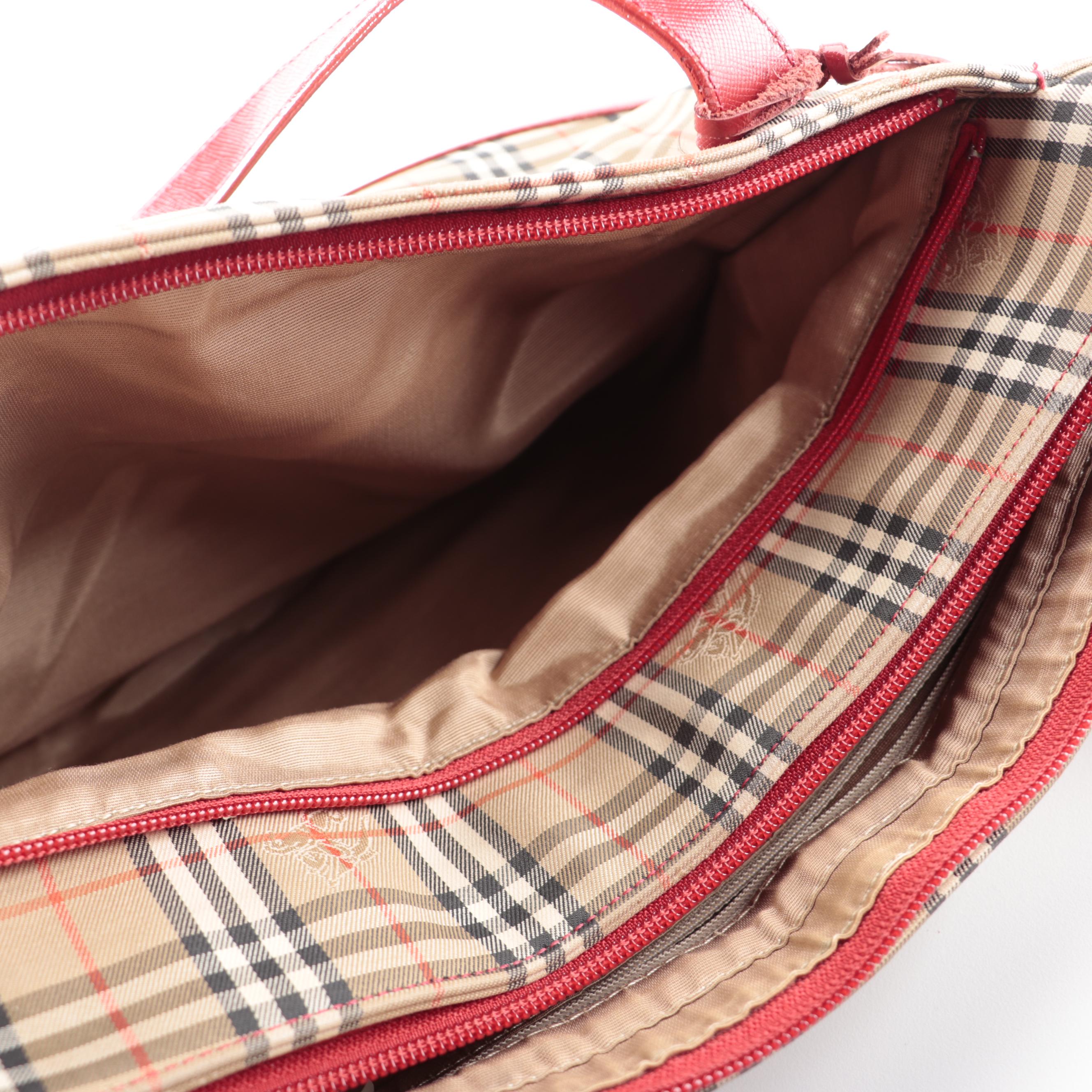 Burberrys Tote Bag in "Haymarket Check" Twill and Red Saffiano Leather