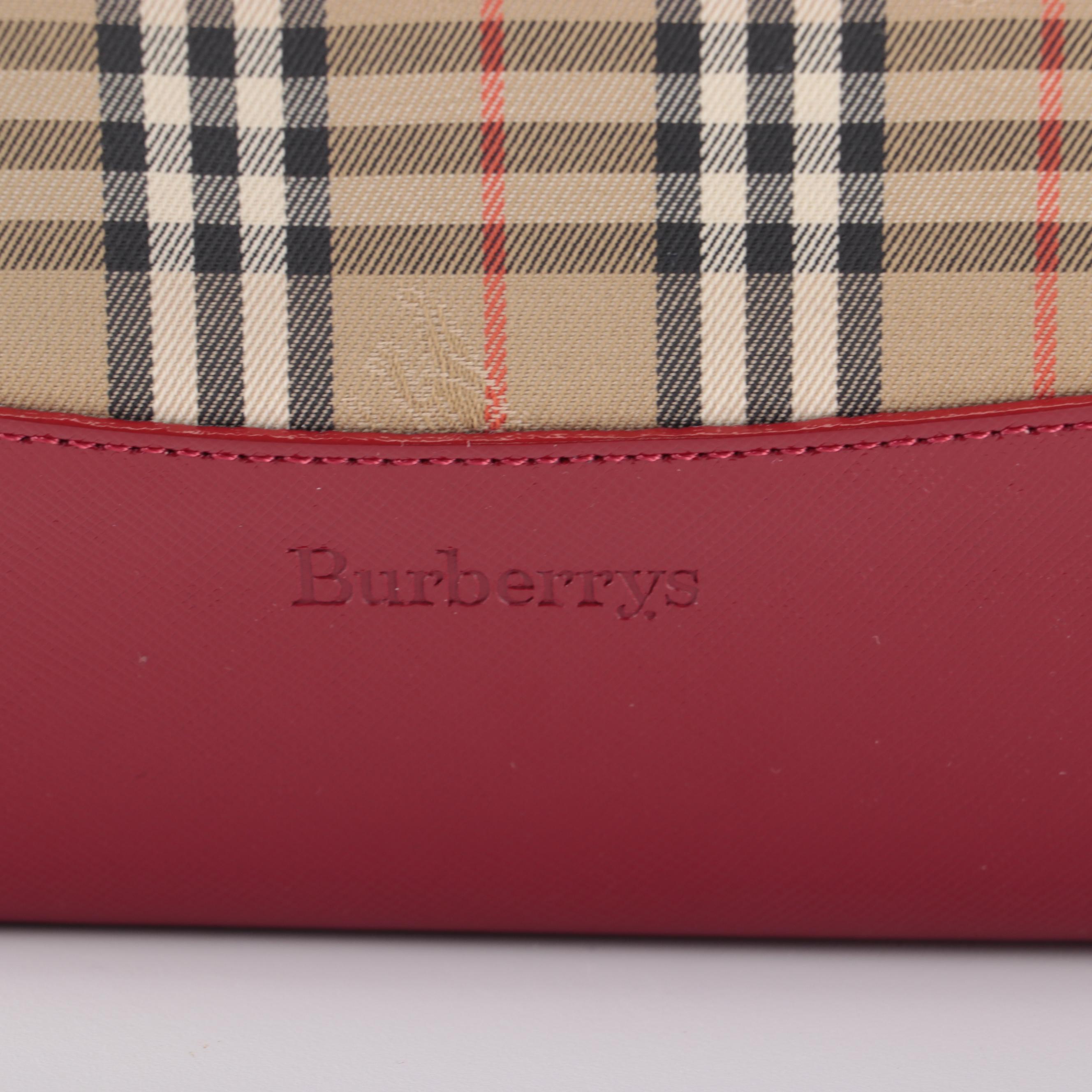 Burberrys Tote Bag in "Haymarket Check" Twill and Red Saffiano Leather