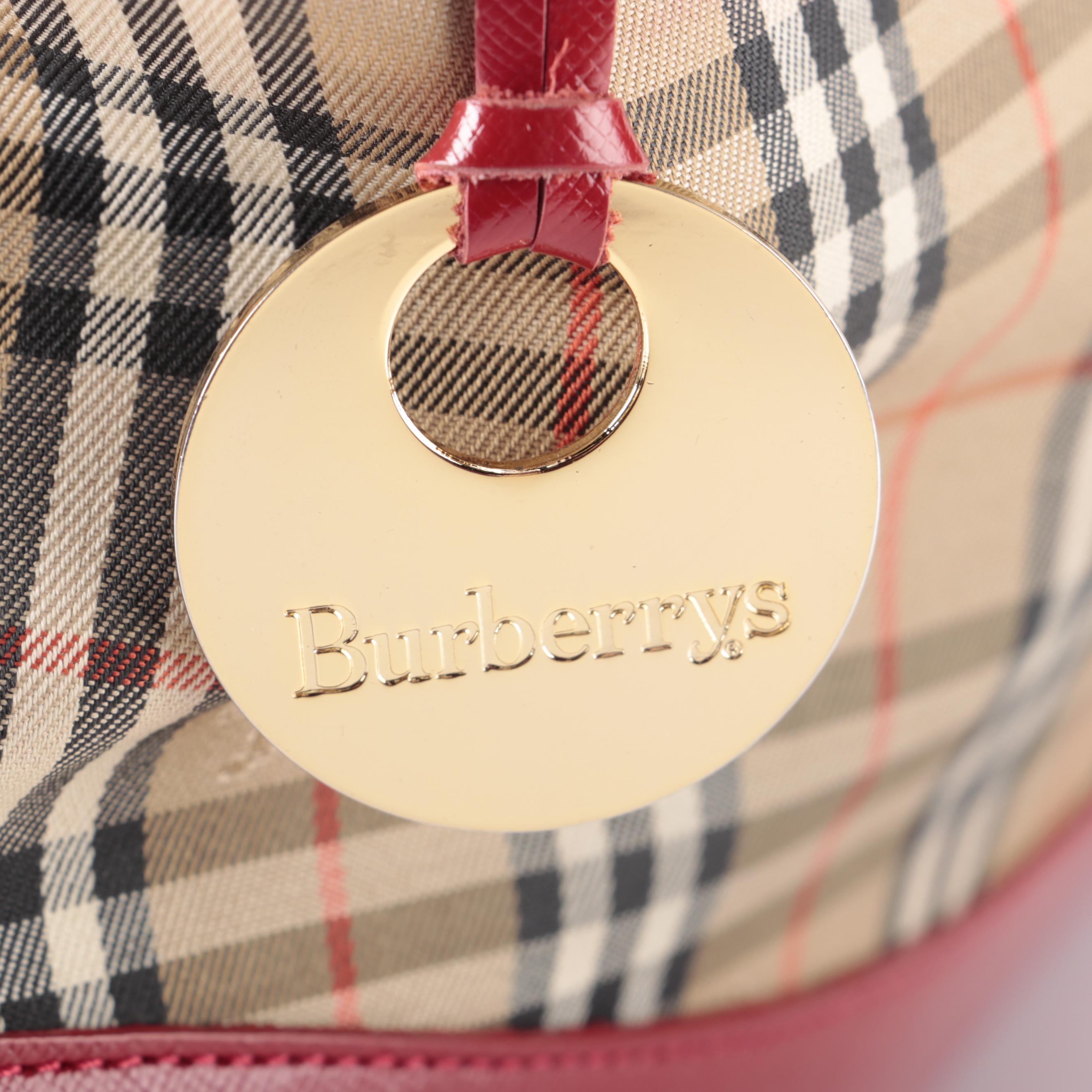 Burberrys Tote Bag in "Haymarket Check" Twill and Red Saffiano Leather
