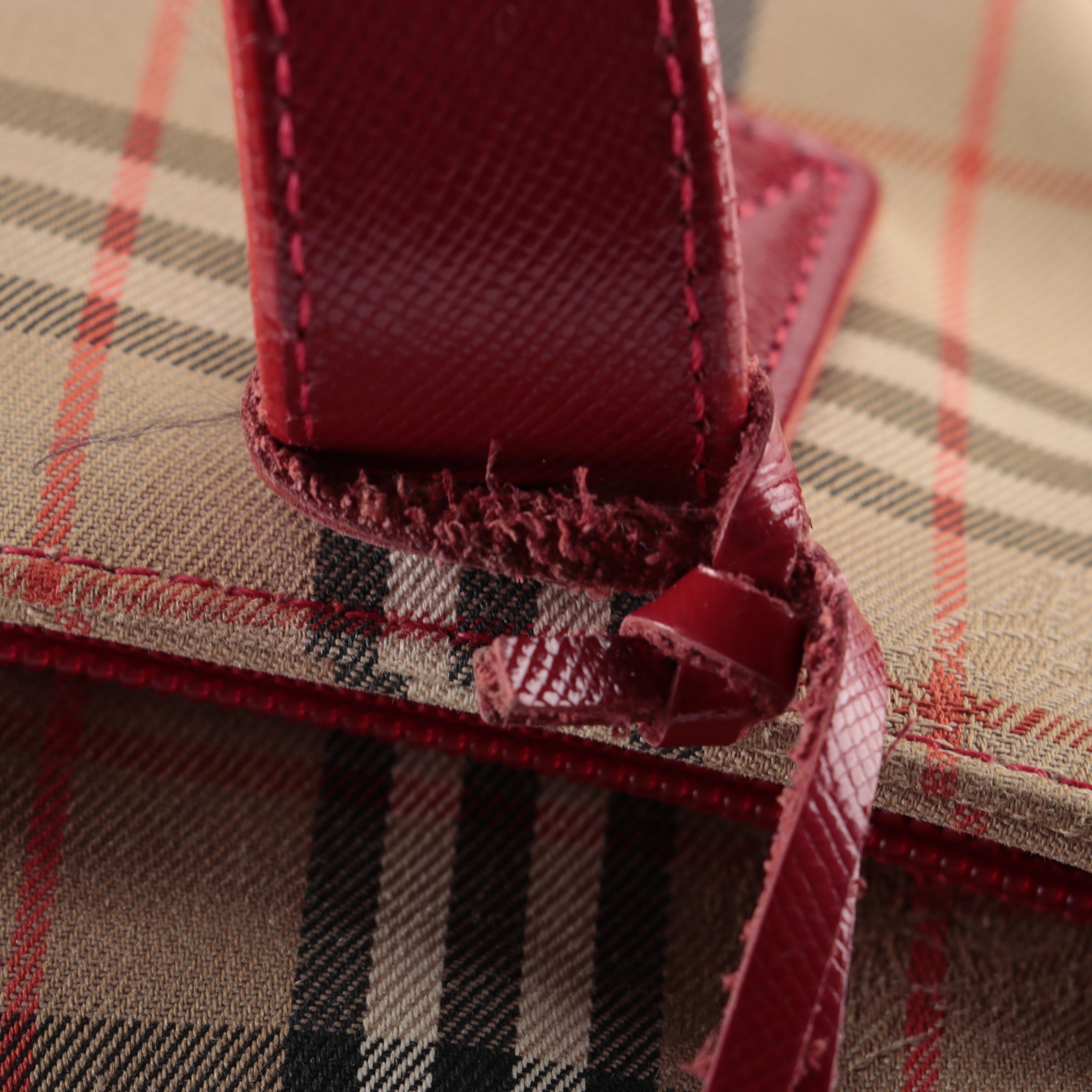 Burberrys Tote Bag in "Haymarket Check" Twill and Red Saffiano Leather