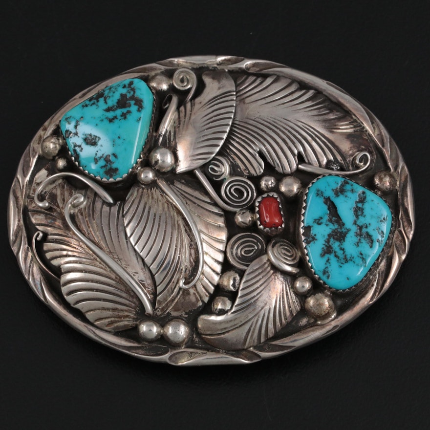 Sterling Silver Belt Buckle with Turquoise and Coral Embellishments