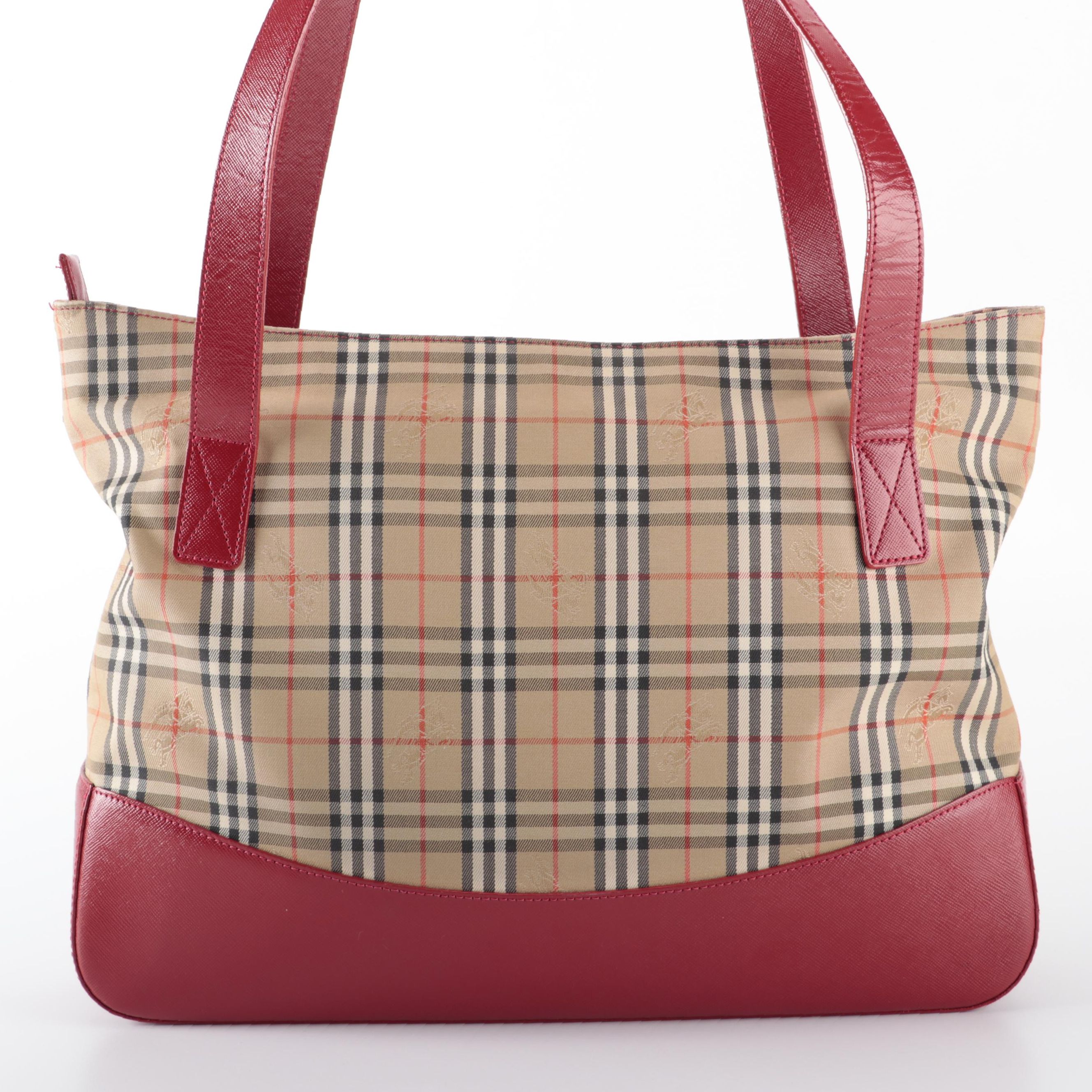 Burberrys Tote Bag in "Haymarket Check" Twill and Red Saffiano Leather