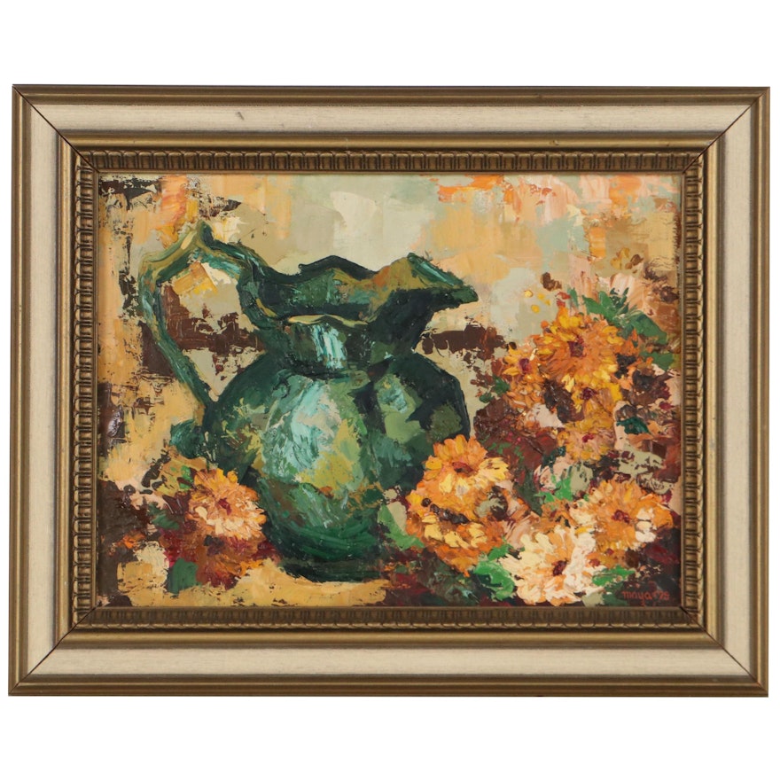 Moya Still Life With Pitcher and FLowers Oil Painting, 1975