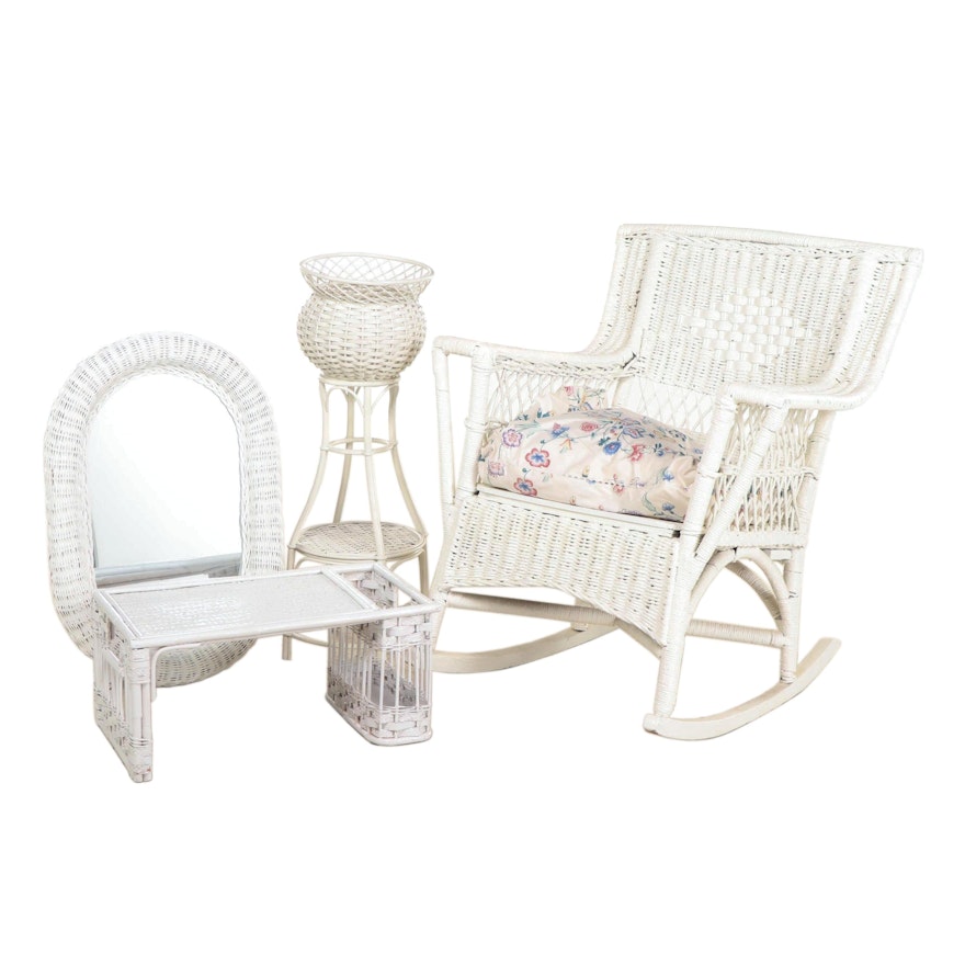 Painted Wicker Weave Rocking Chair with Mirror, Bed Tray, and Planters