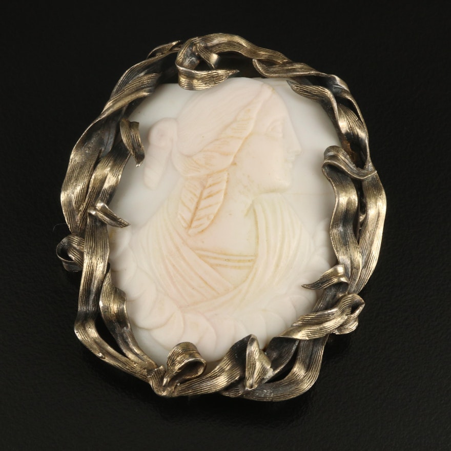 Antique 800 Silver Shell Cameo Brooch