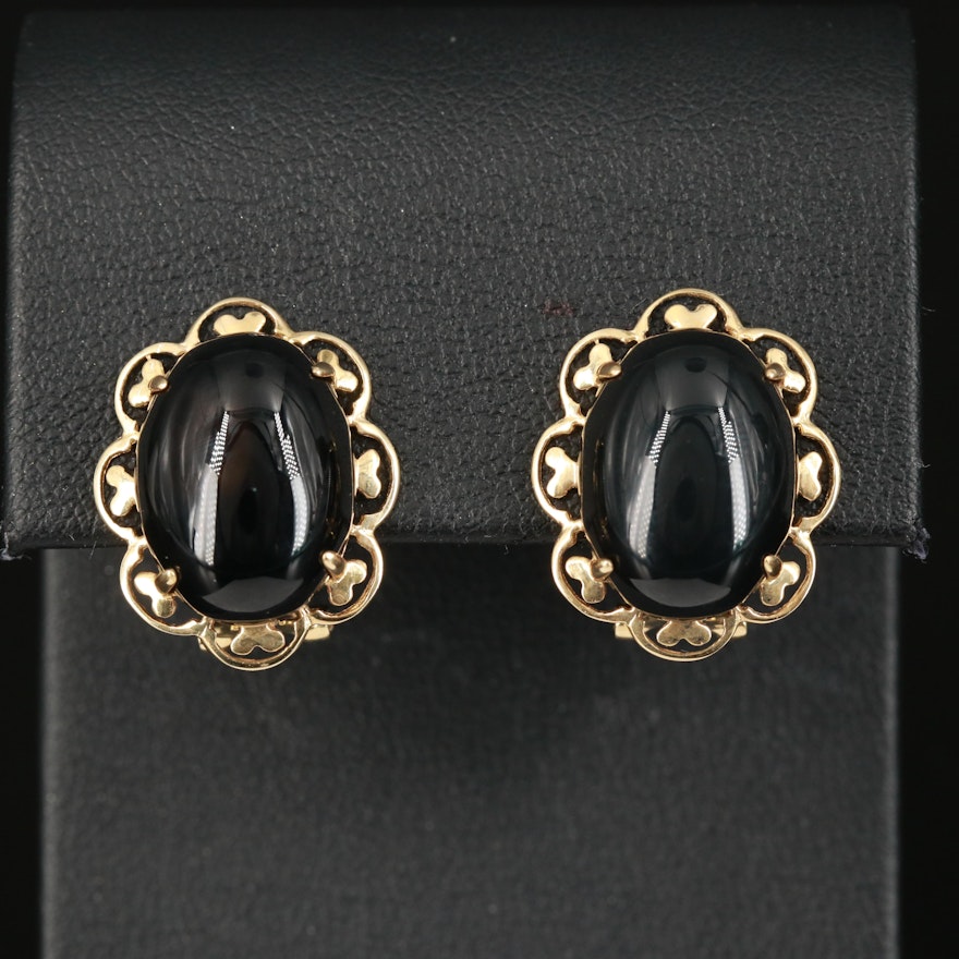 14K Black Onyx Earrings with Scalloped Trim