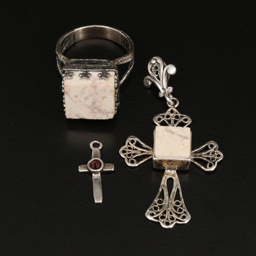 Sterling Gemstone Ring, Cross Pendant and Cross Charm