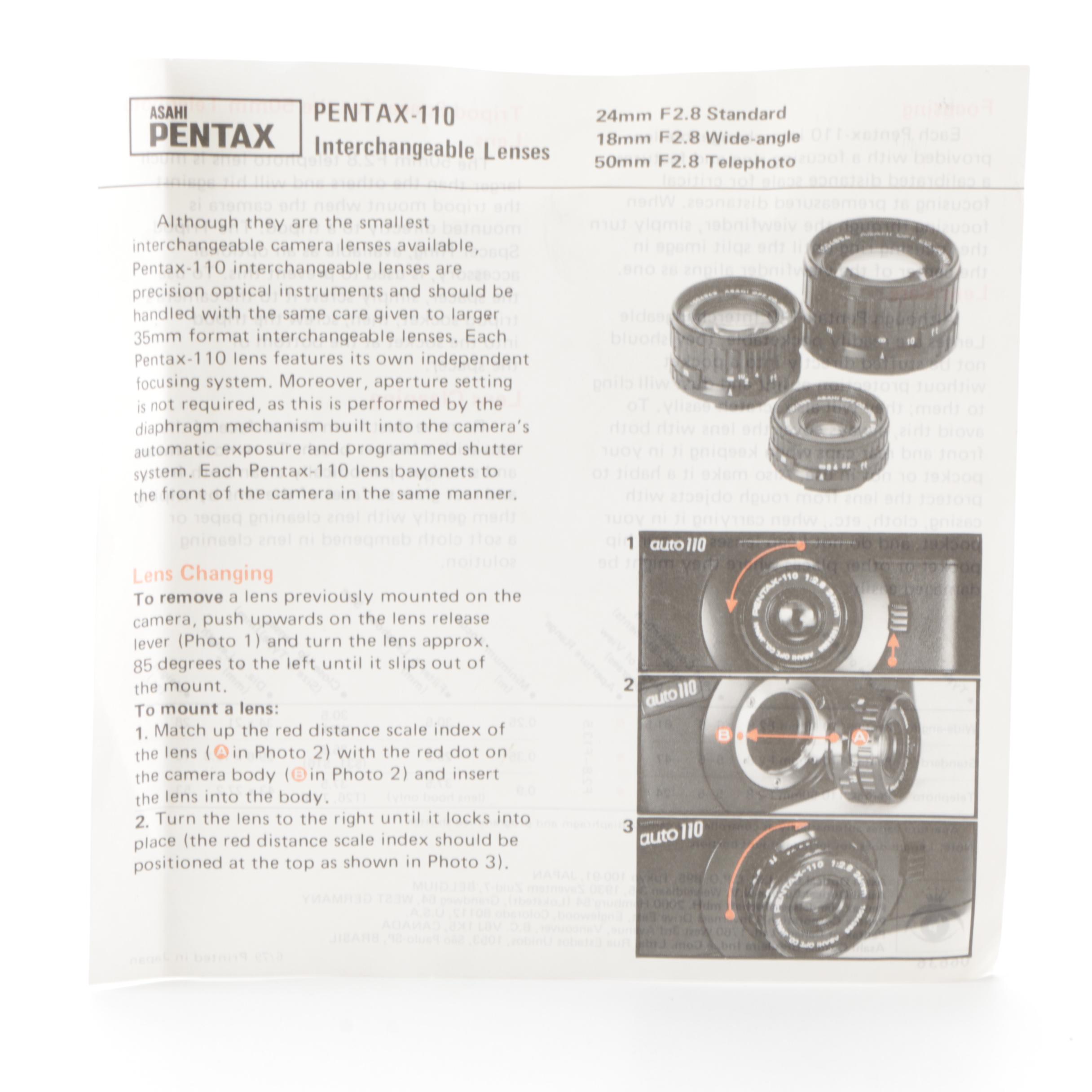 Asahi Pentax Auto 110 SLR Camera with Lenses, Flash, 1979