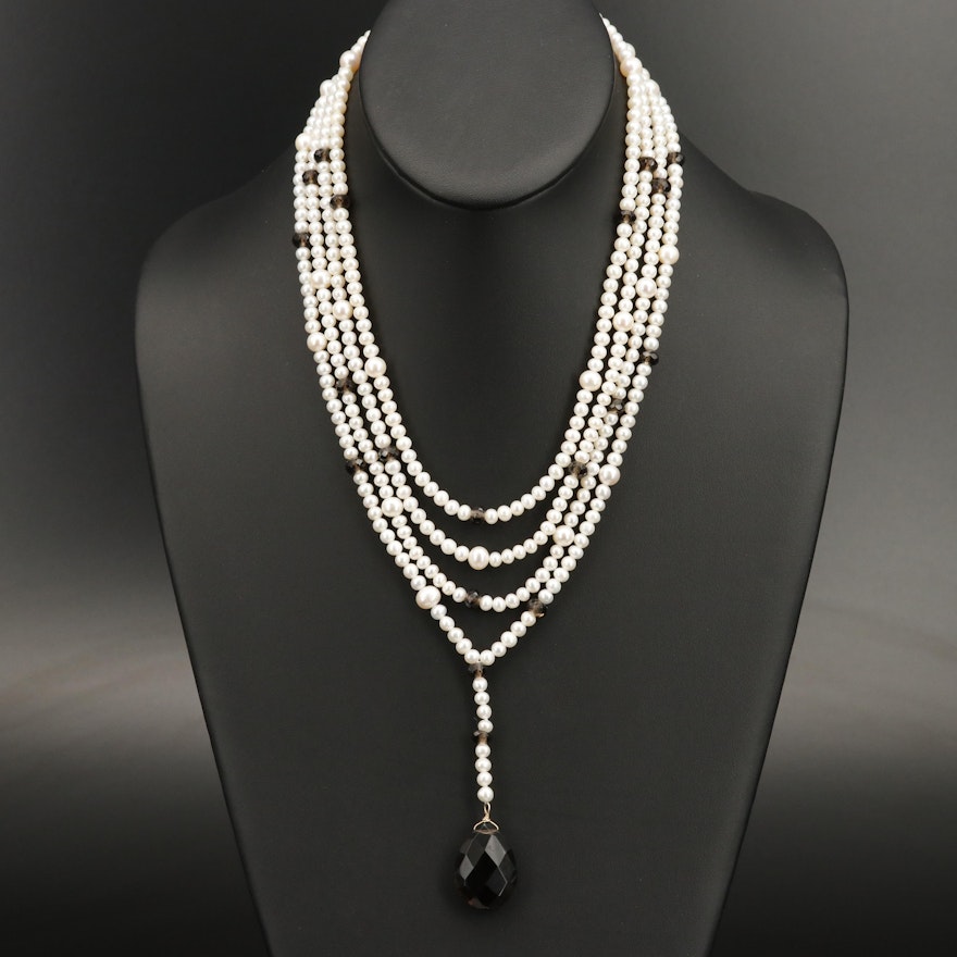 Four Strand Pearl Sautoir Necklace with Smoky Quartz Accents