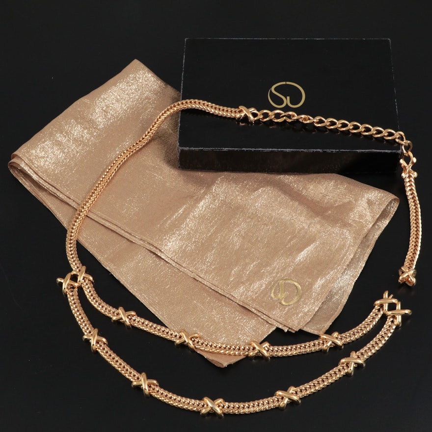 St. John Chain Link Belt and Gold Lamé Lightweight Scarf with Box