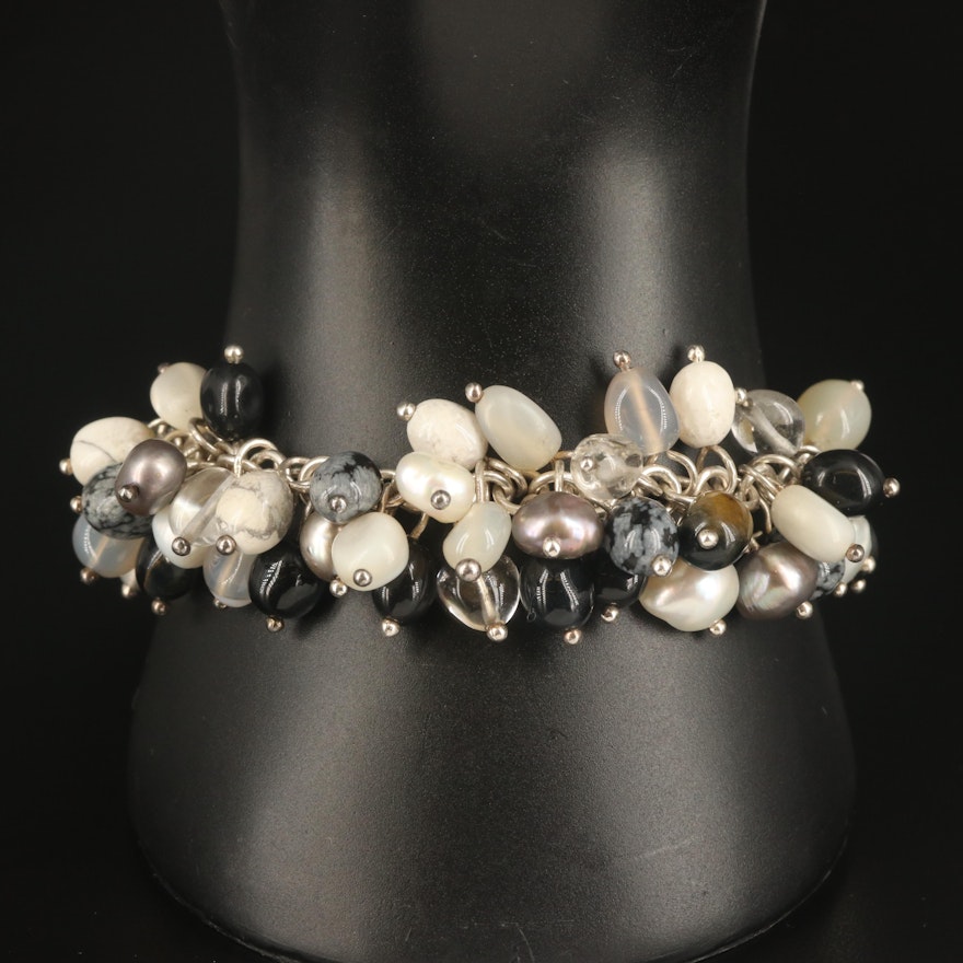 Sterling Snowflake Obsidian, Pearl and Quartz Fringe Bracelet