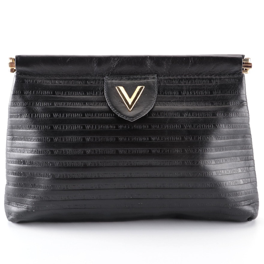 Mario Valentino Hinge-Frame Clutch in Embossed Black Leather