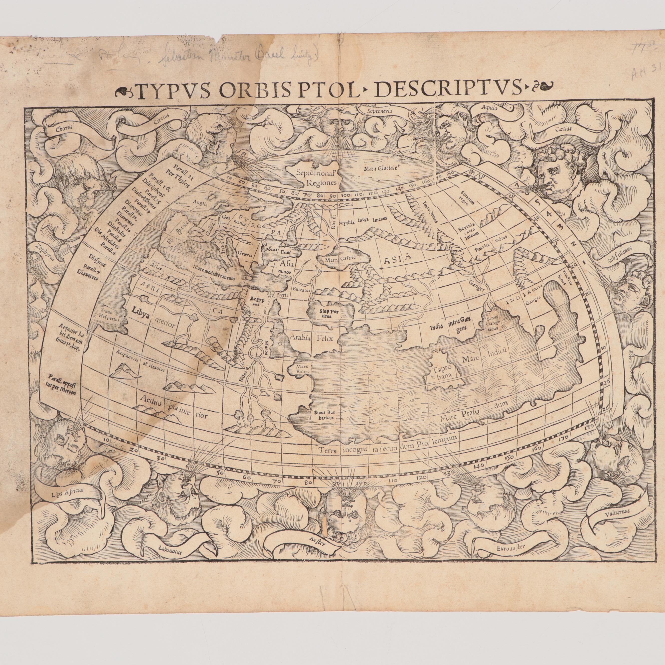 Sebastian Münster Woodcut Map "Typus Orbis Ptol. Descriptus," 1552