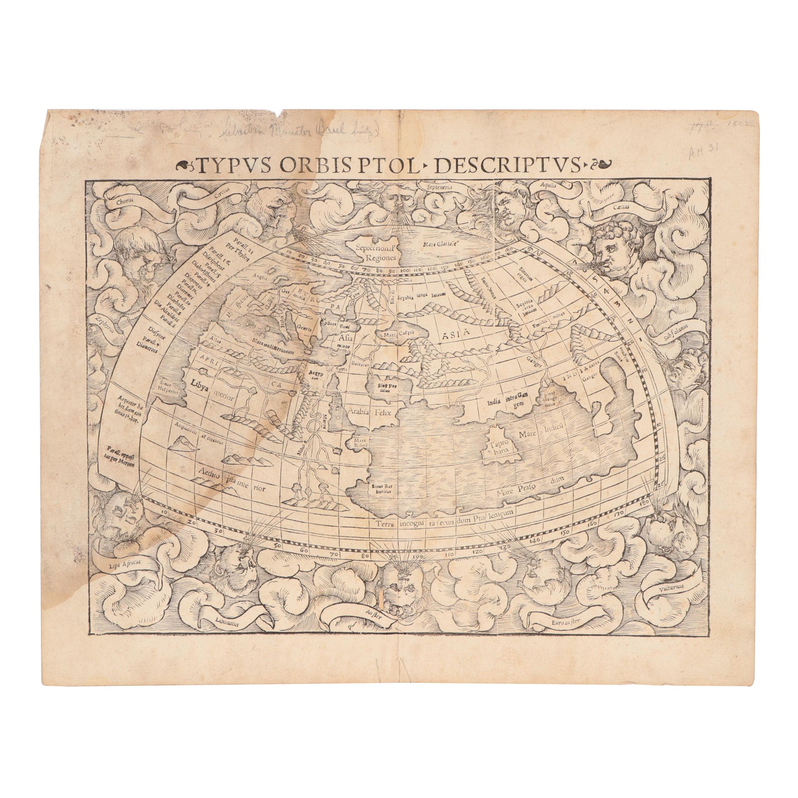 Sebastian Münster Woodcut Map "Typus Orbis Ptol. Descriptus," 1552