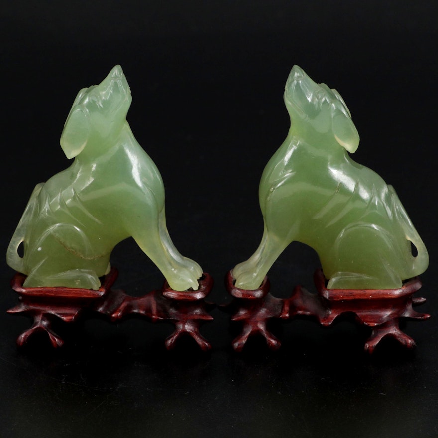 Chinese Carved Chalcedony Dog Figurines on Wooden Bases