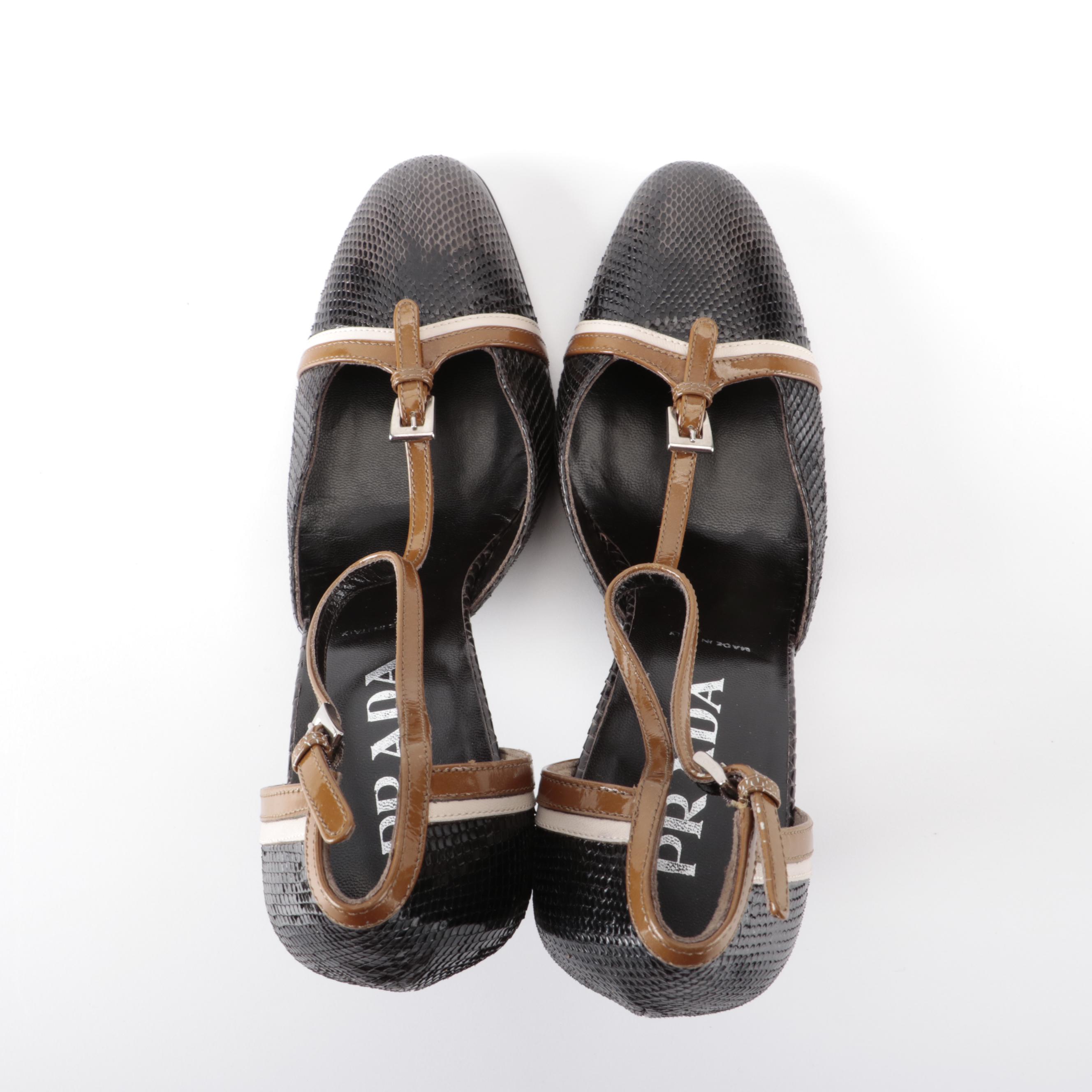 Prada Snakeskin T-Strap Pumps with Contrast Trim