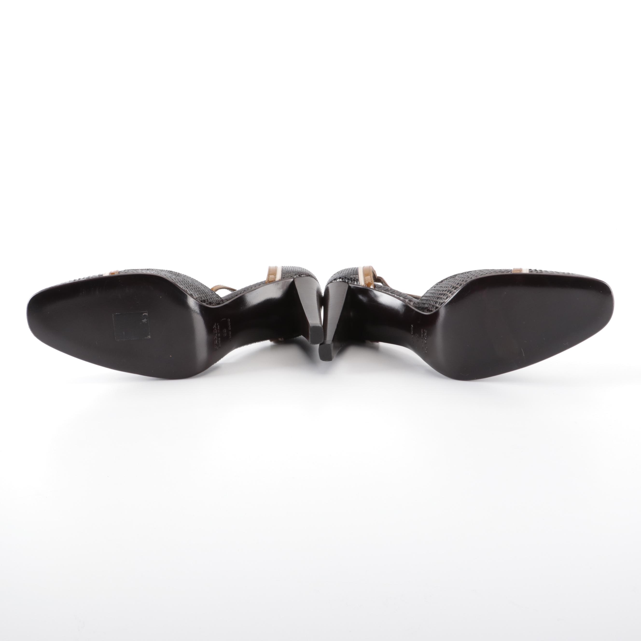 Prada Snakeskin T-Strap Pumps with Contrast Trim