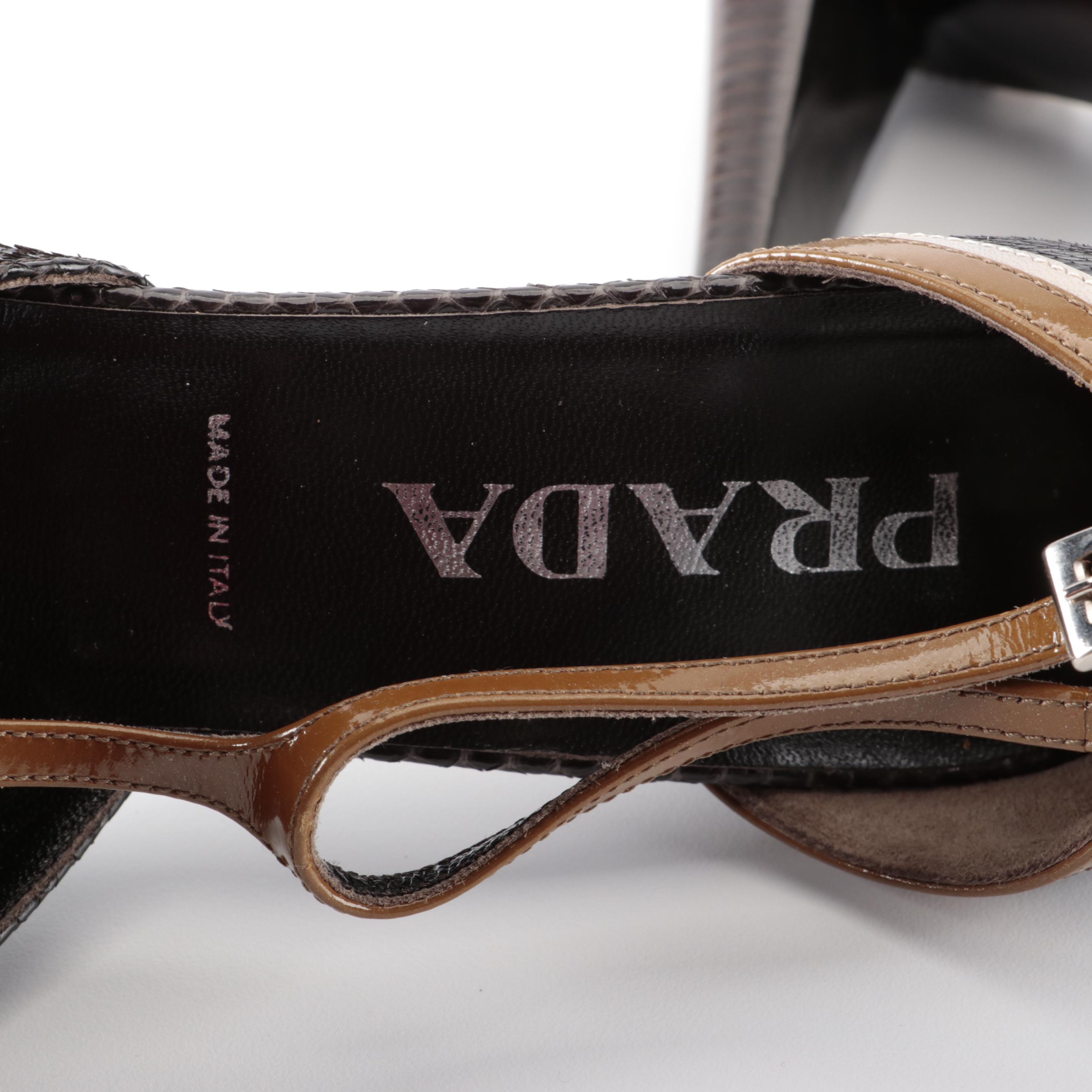 Prada Snakeskin T-Strap Pumps with Contrast Trim