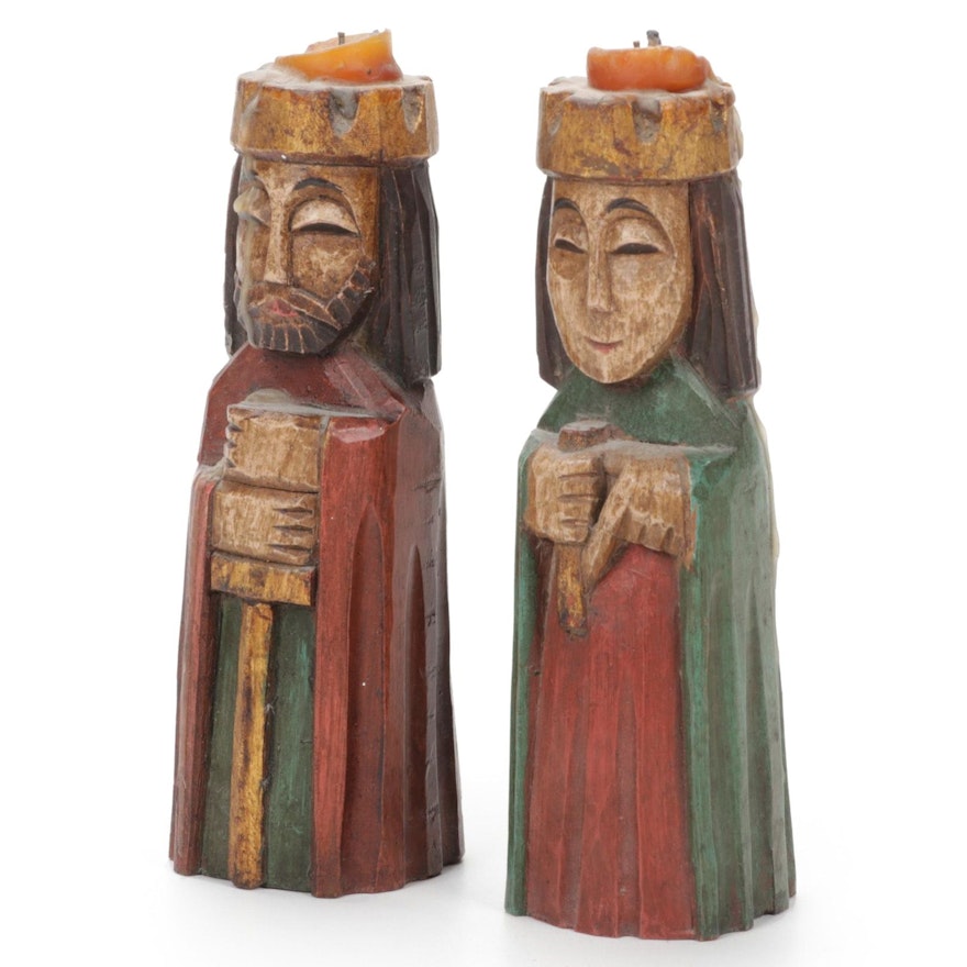 Pair of Spanish King and Queen Wooden Candlesticks, 1960s