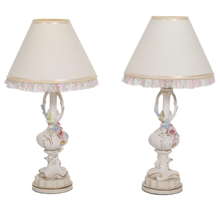 Pair of Ceramic Table Lamps With Sculpted Flower Accents