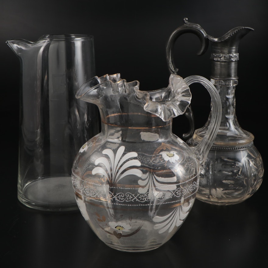 English Victorian Cut Glass and Silver Plate Claret Jug and Other Glass Pitchers