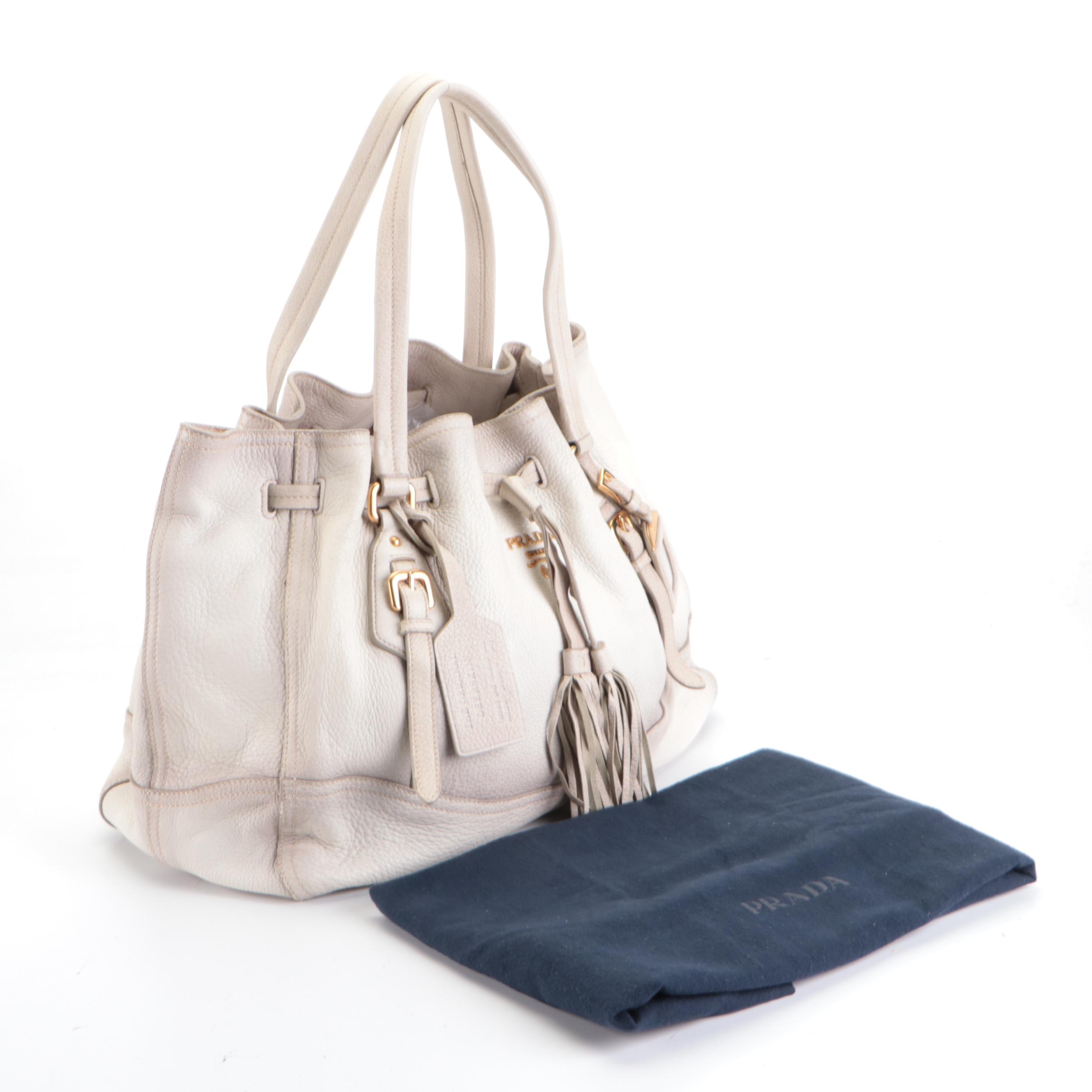 Prada Cervo Antik Drawstring Shoulder Bag in Off-White Ombré Deerskin Leather