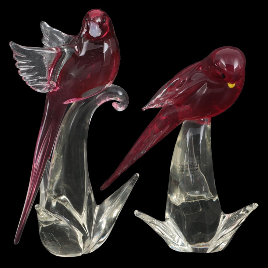 "The Red Lory" and Other "Magnificent Birds Of Paradise" Murano Glass Figurines