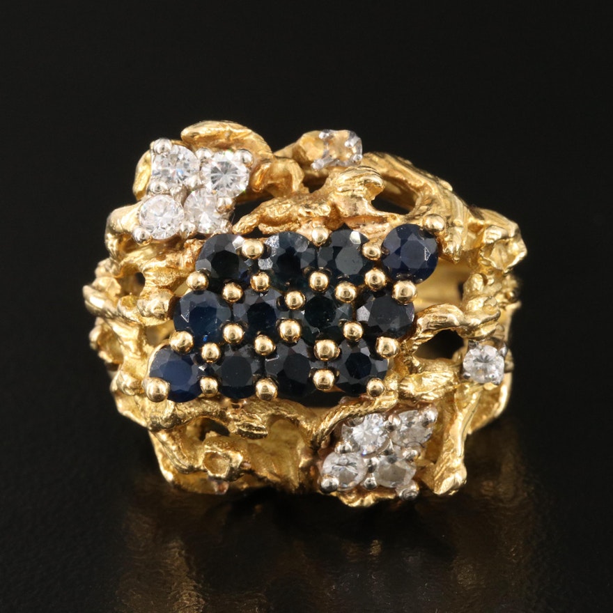 Brutalist 14K Sapphire and Diamond Ring