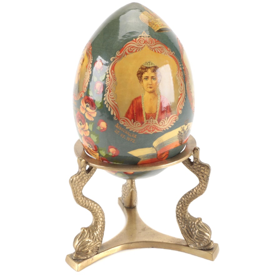 Russian Romanov Family Portrait Hand-Painted Wooden Egg with Stand