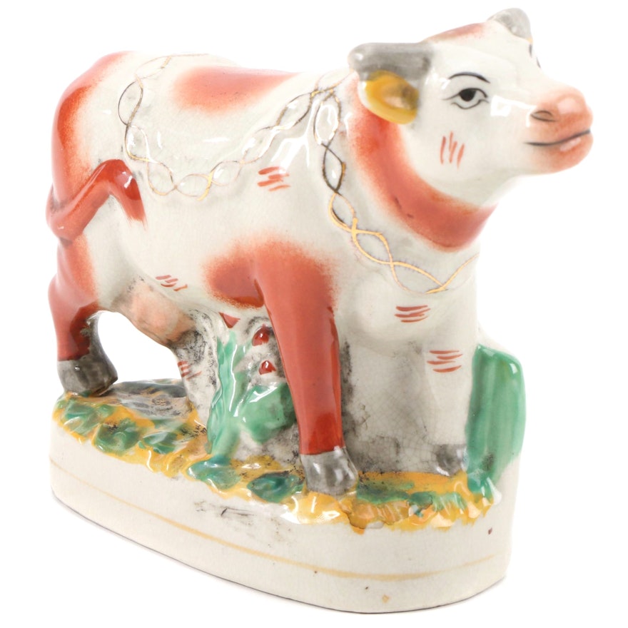 Staffordshire Pottery Earthenware Cow Figurine, 19th Century