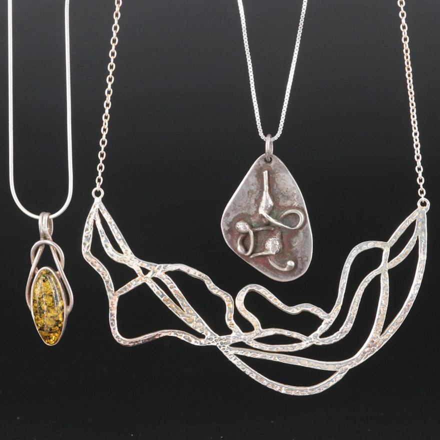 Italian Sterling Pendant Necklaces with Openwork Necklace Including Amber