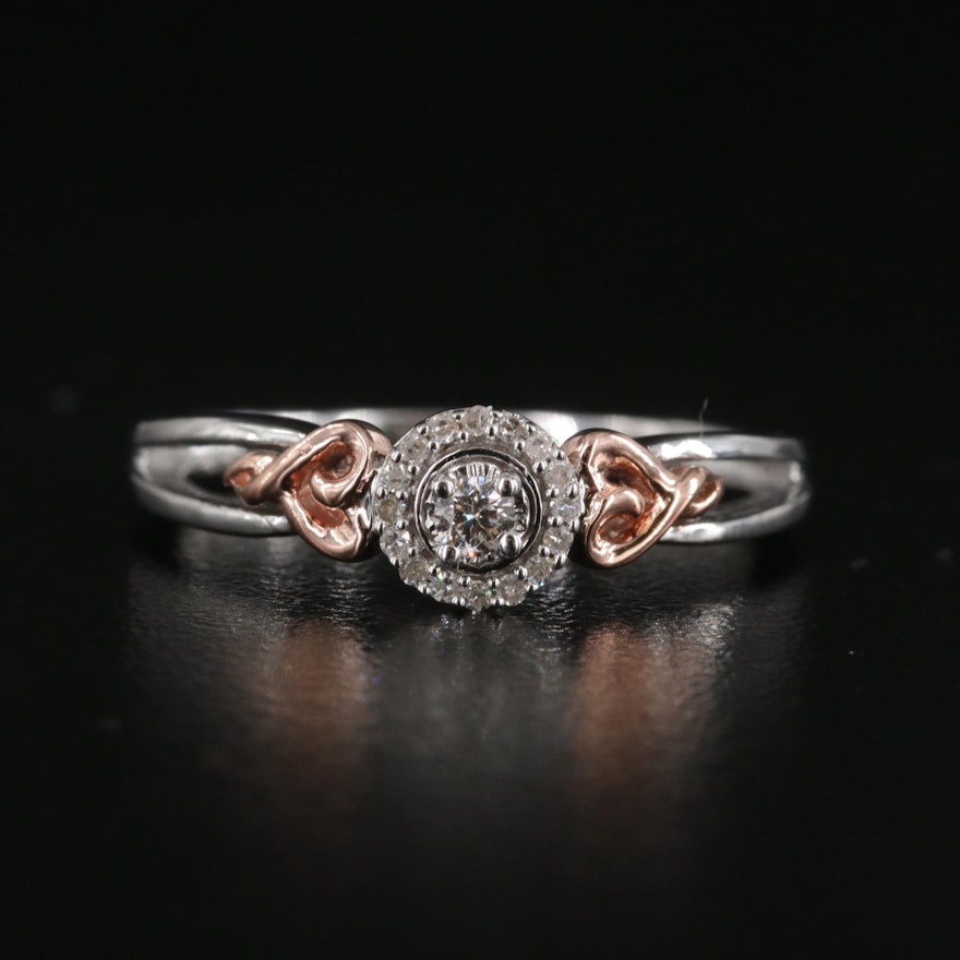 Sterling Diamond Ring with Heart Accents