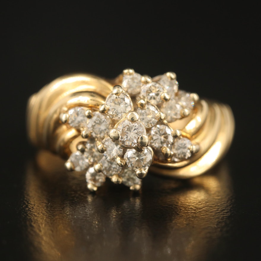 14K 0.75 CTW Diamond Cluster Ring with Fluted Shoulders