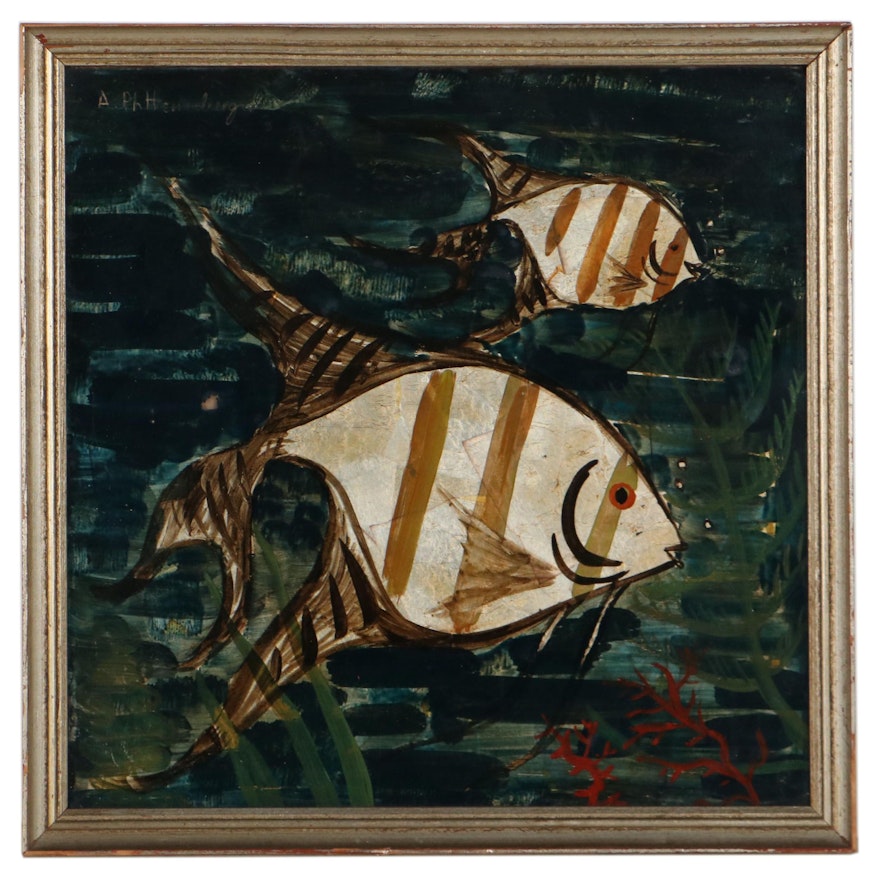 August Philipp Henneberger Mixed Media Painting of Fish