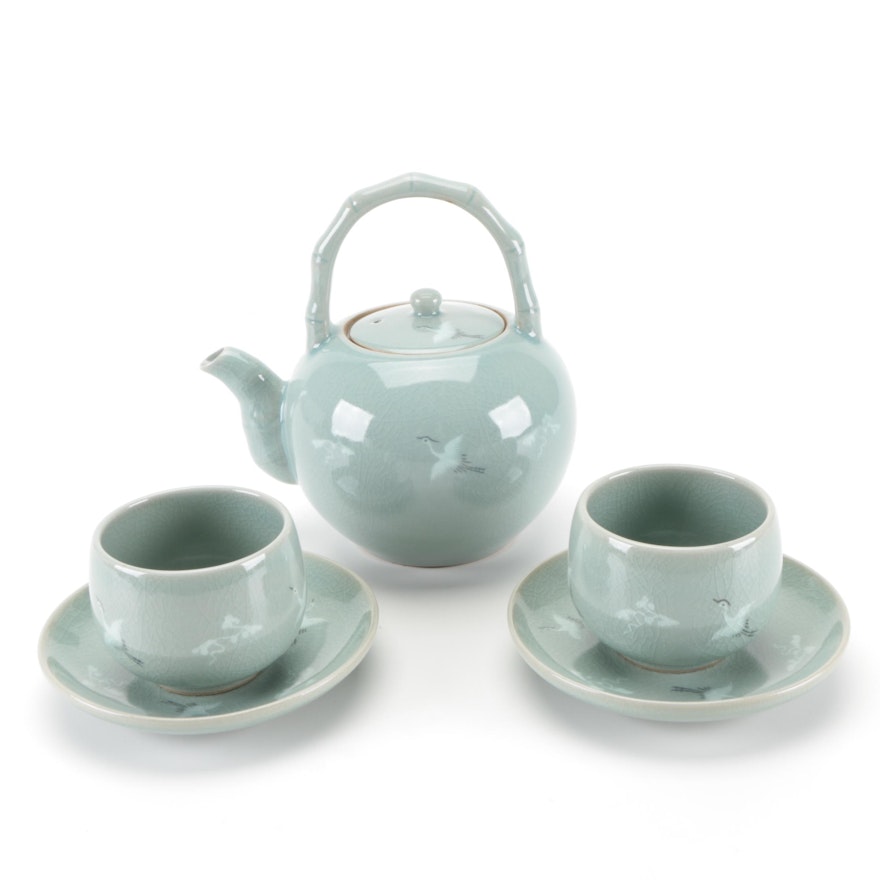 Korean Celadon Crane and Cloud Ceramic Tea Set