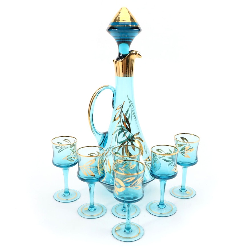 Hungarian Gilt Foliate and Trim Blue Glass Decanter and Cordials