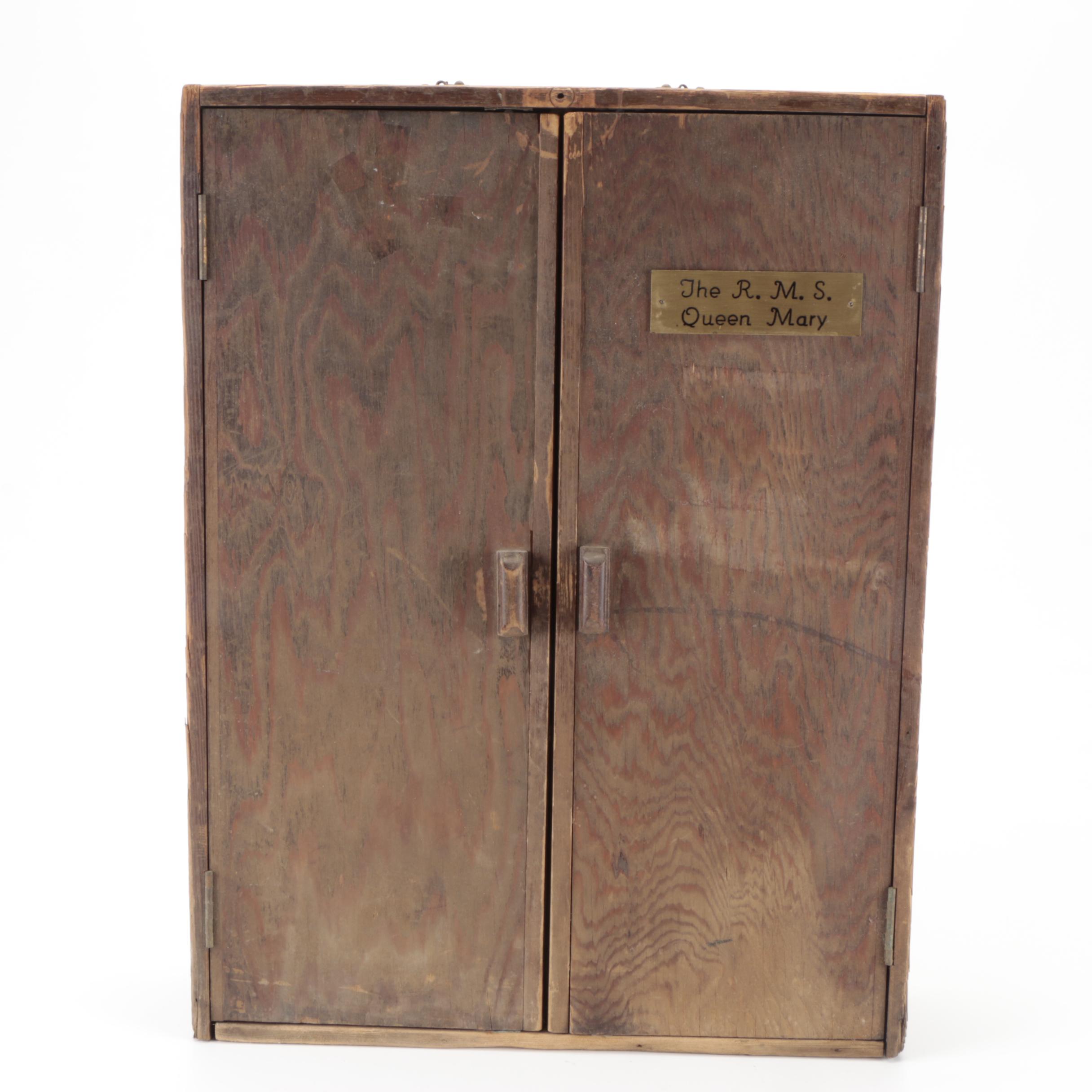 Salvaged Purser's Wooden Cabinet, Marked "R.M.S. Queen Mary," Mid-20th C.