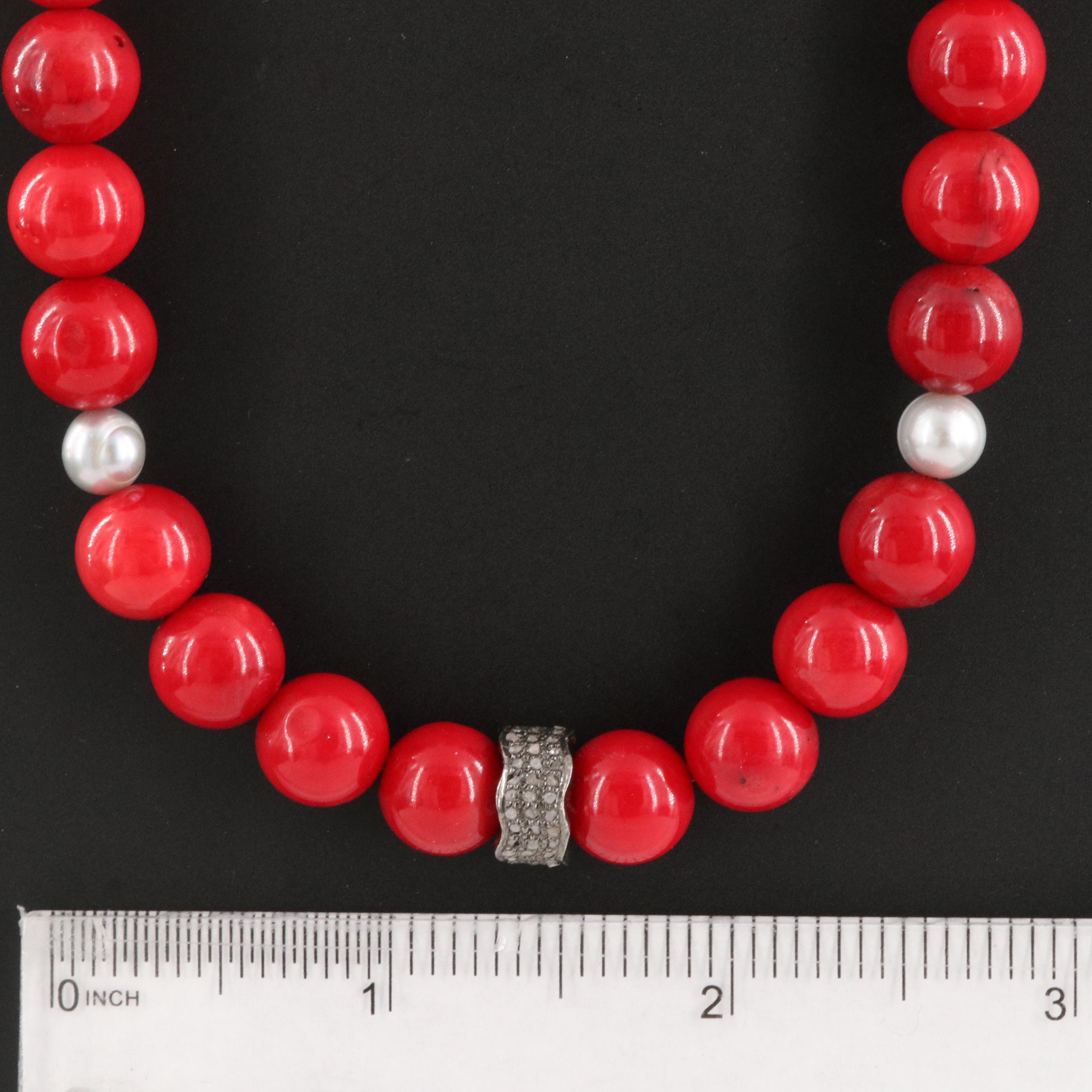 Sterling Necklace Including Coral, Pearl and Diamond