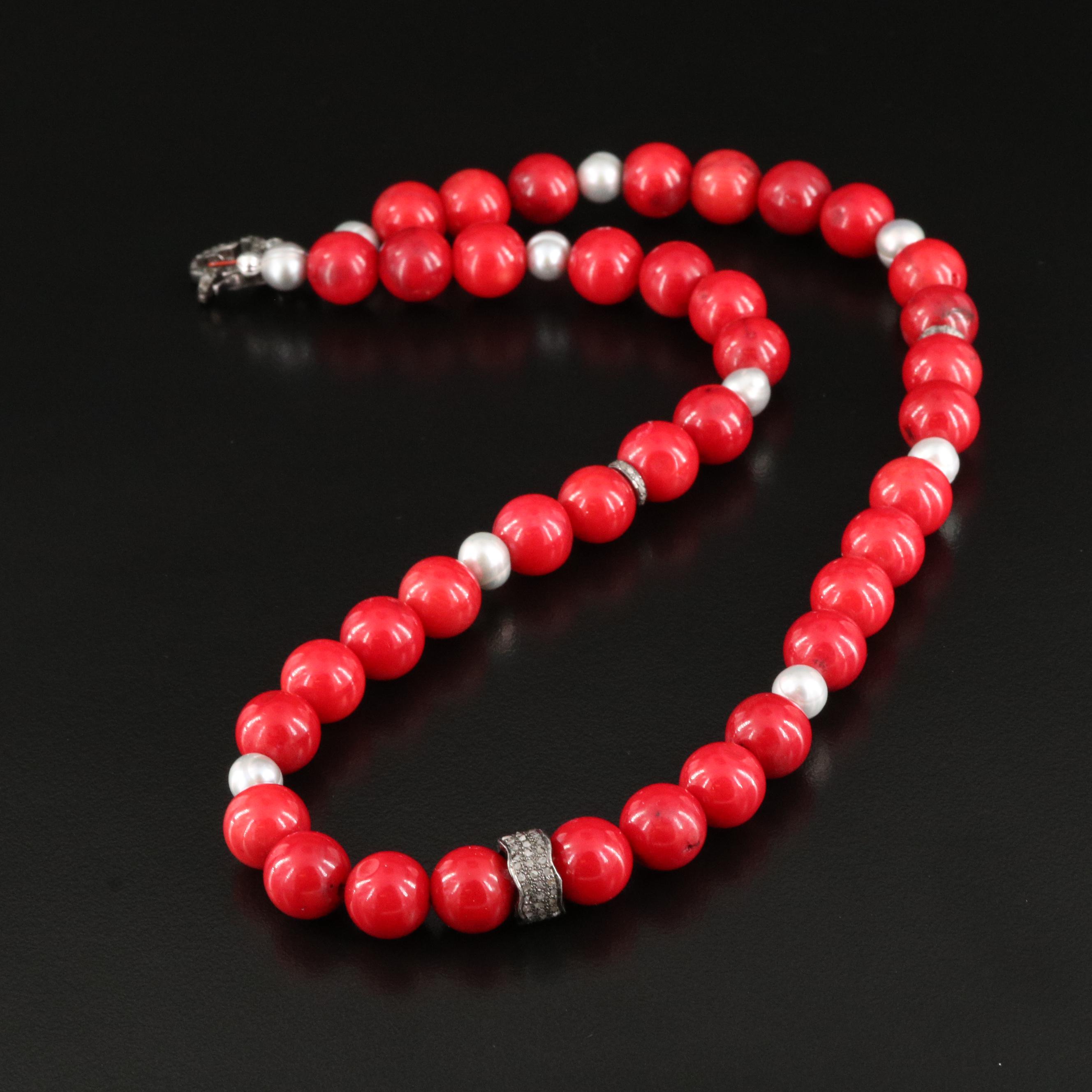 Sterling Necklace Including Coral, Pearl and Diamond