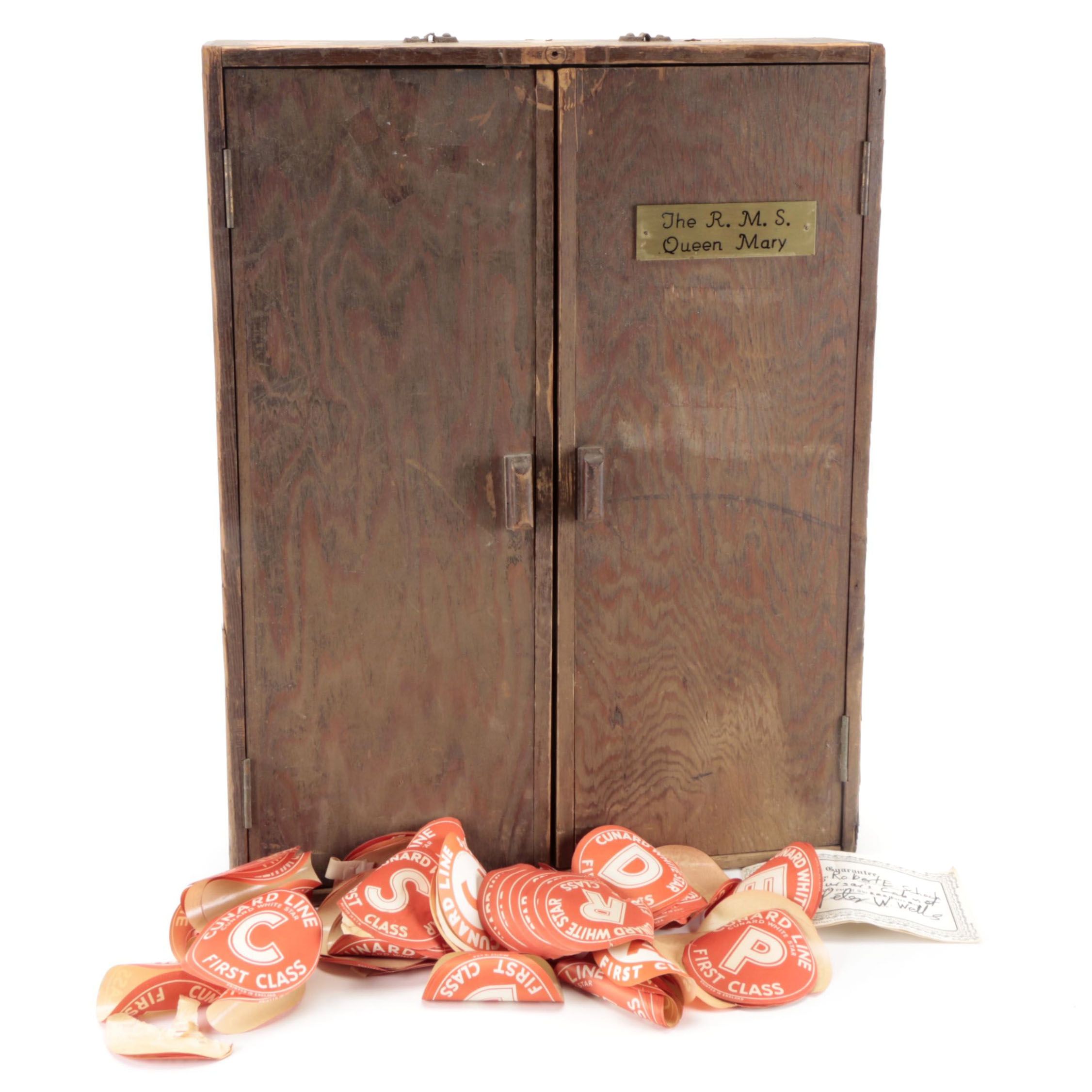Salvaged Purser's Wooden Cabinet, Marked "R.M.S. Queen Mary," Mid-20th C.