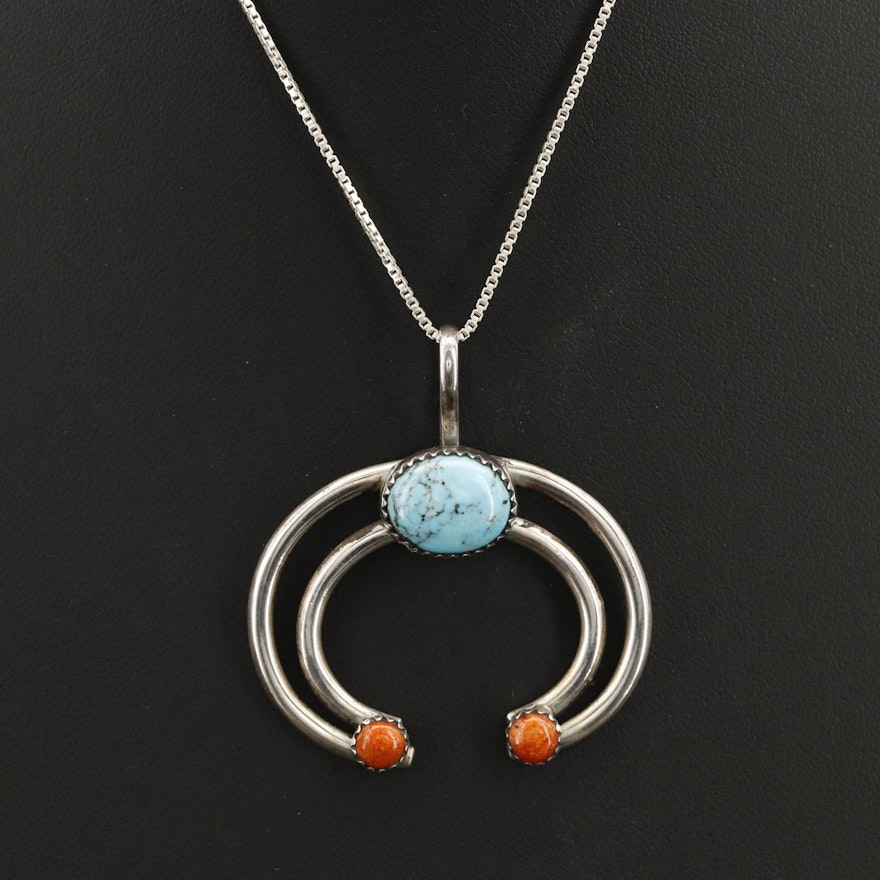 Signed C. Whitehorse Sterling Coral and Turquoise Pendant Necklace