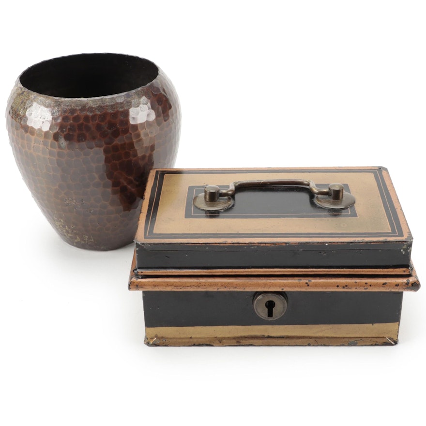 Roycroft Hammered Copper Vase with Victorian Toleware Lockbox