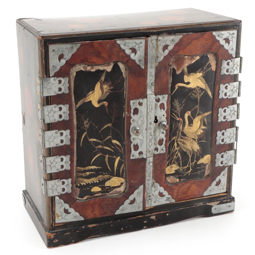Japanese Urushi Lacquerware and Burlwood Metal Mounted Jewelry Box