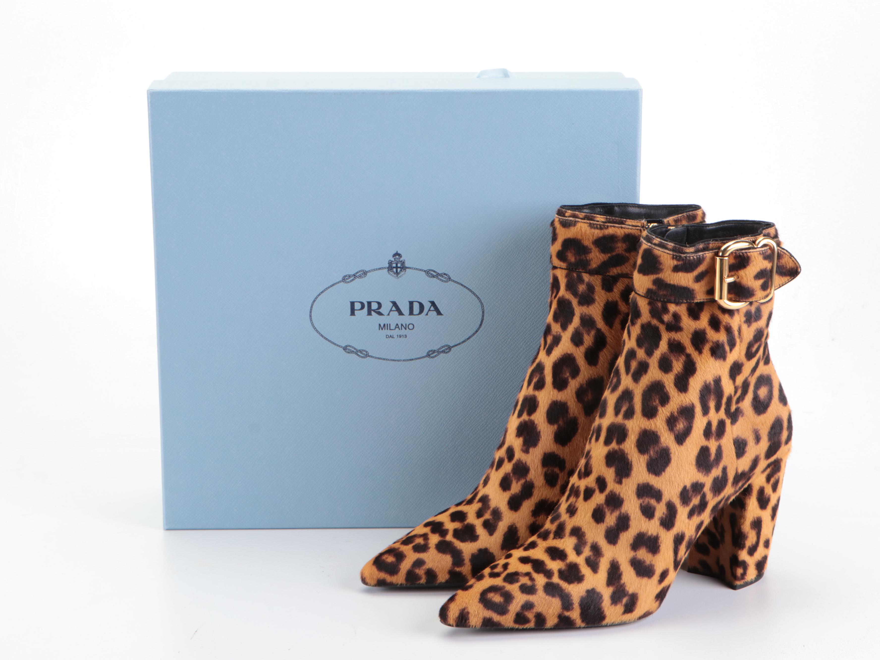 Prada Ankle Boots in Leopard-Print Dyed Calf Hair with Box