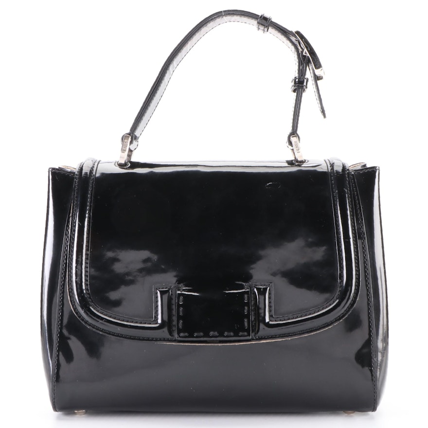 Fendi Silvana Top Handle Flap Bag in Black Patent Leather with Detachable Strap