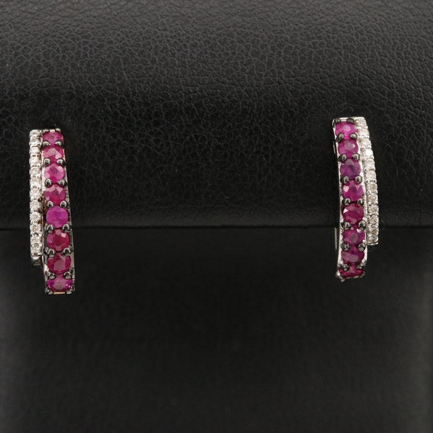 14K Ruby and Diamond J Hoop Earrings