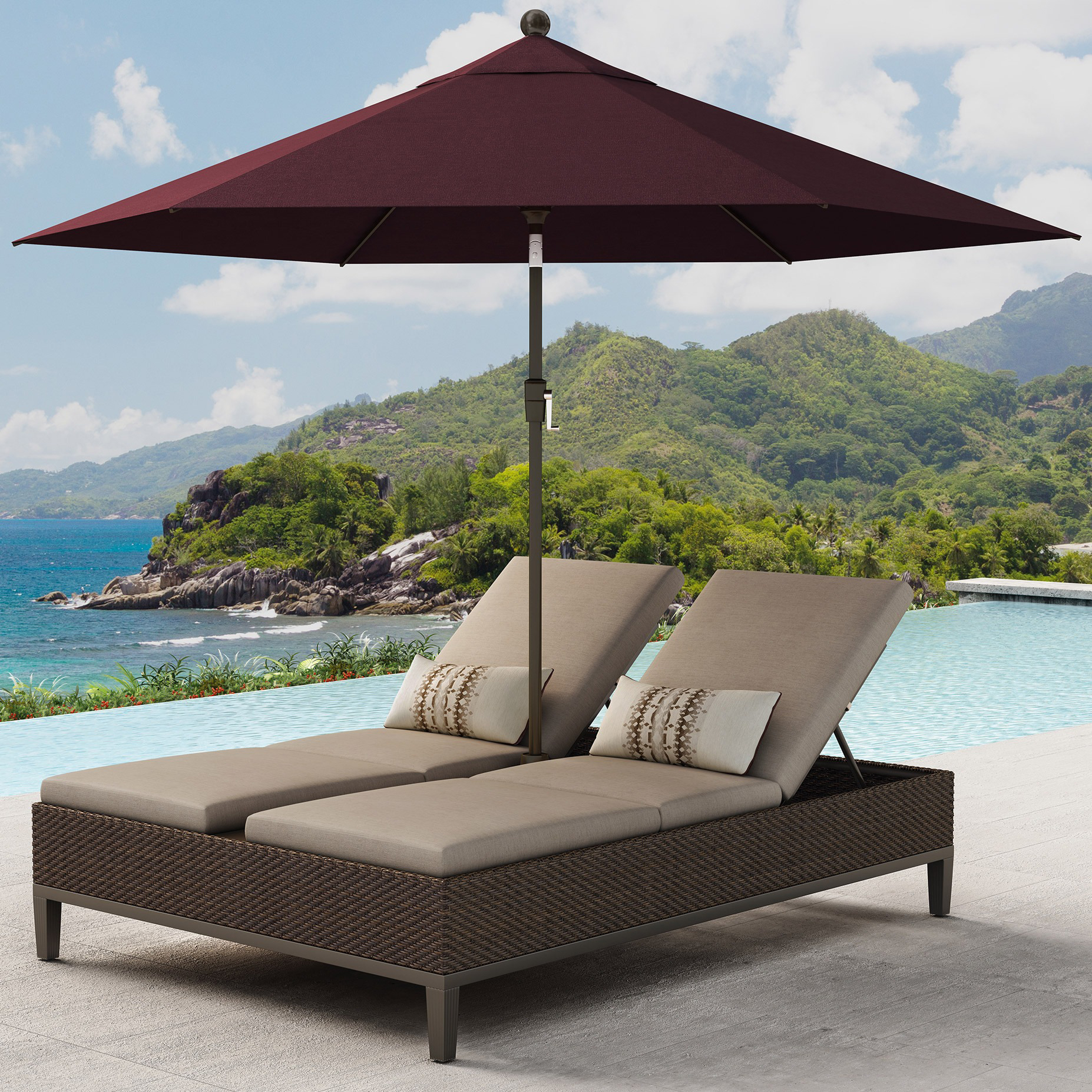 Agio "McKenzy" Resin Wicker Double Chaise Lounge with Umbrella